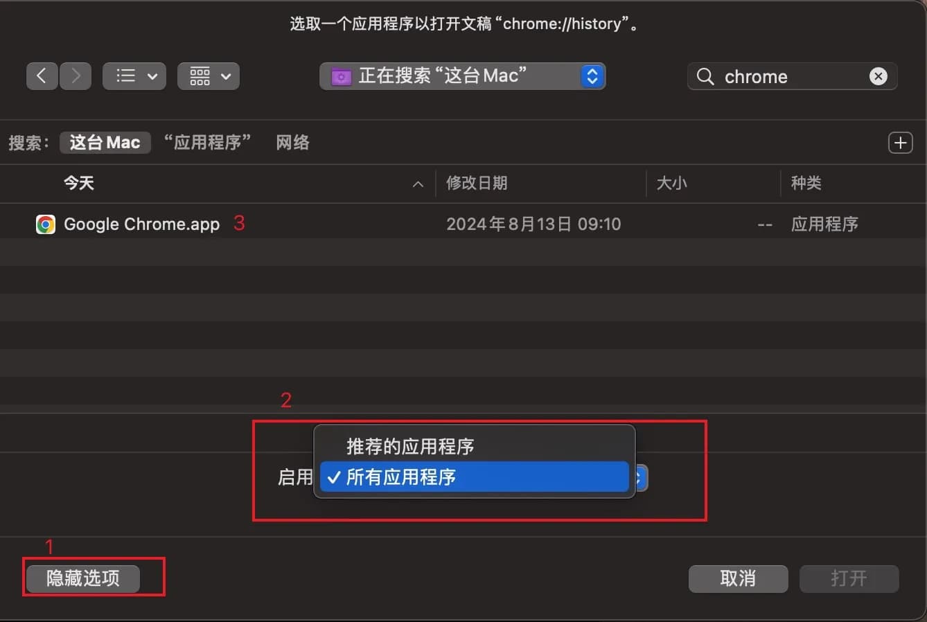 选取一个应用程序以打开文稿“chrome://history”
